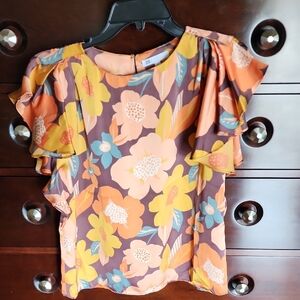 Orange Flutter Sleeve Ruffled Blouse
